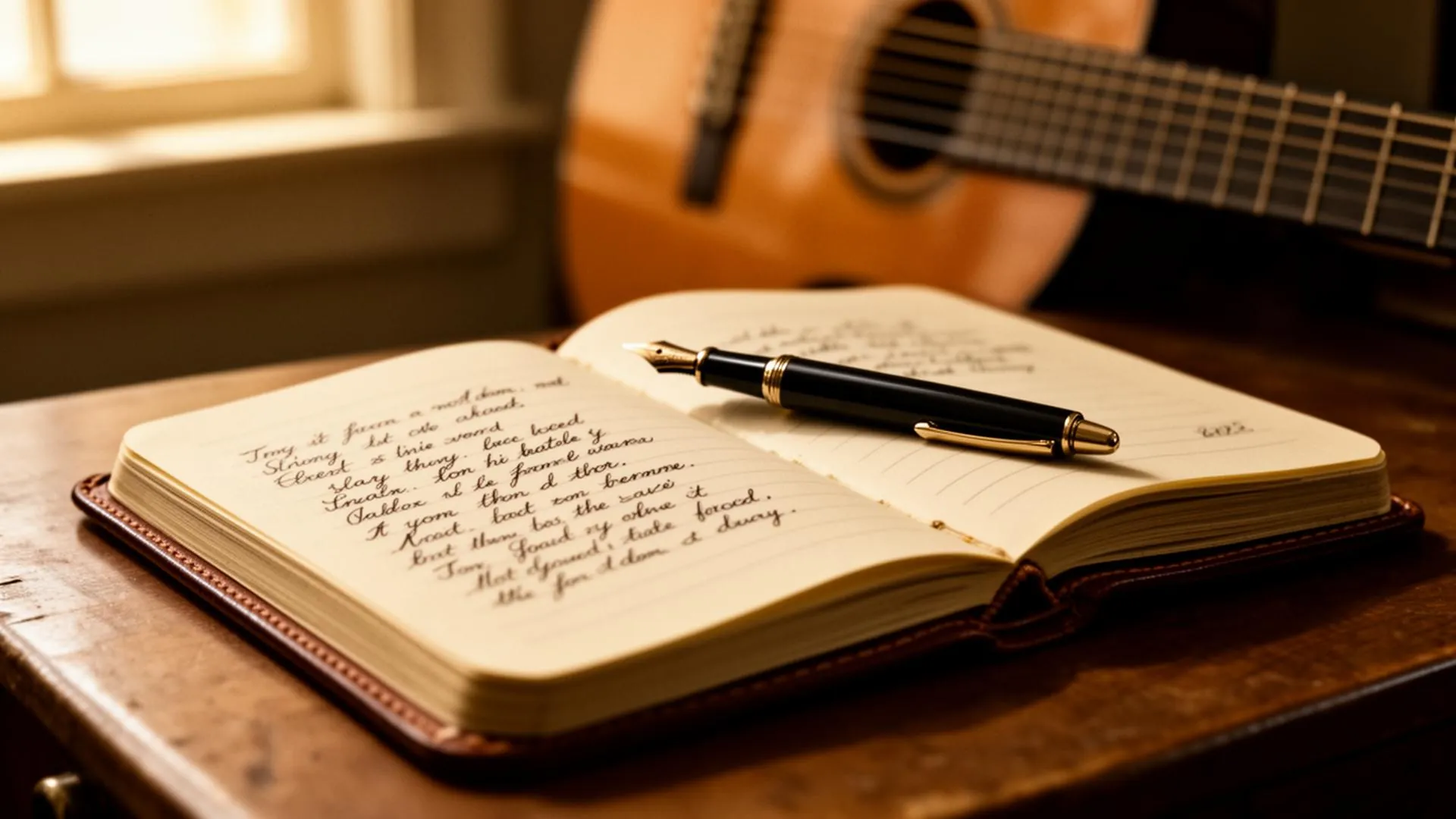 Hands writing lyrics in a journal beside a guitar